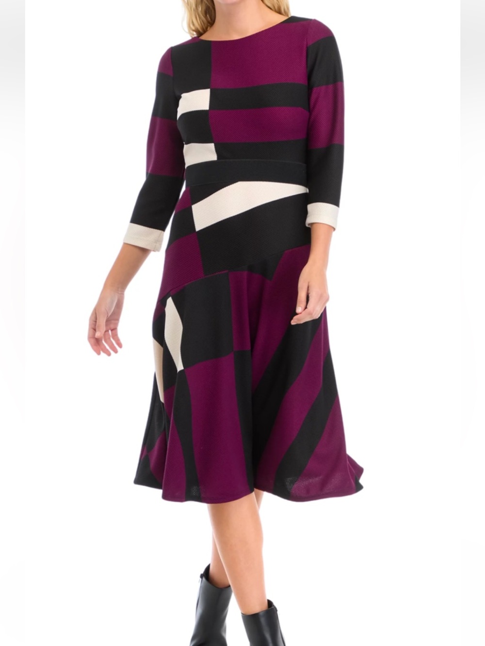 NWT Geometric Fit-and-Flare Midi Dress in Plum and Black
